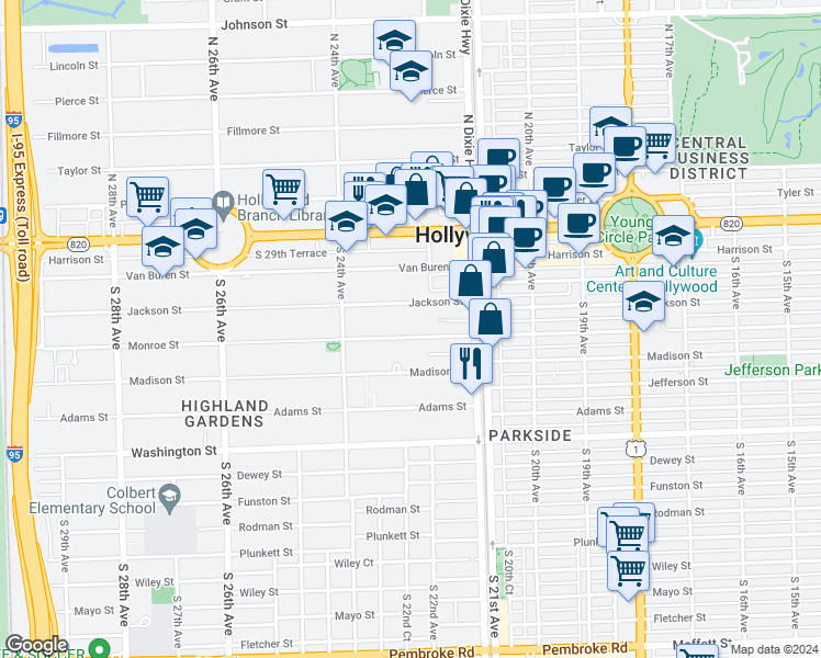 map of restaurants, bars, coffee shops, grocery stores, and more near 2200 Jackson Street in Hollywood