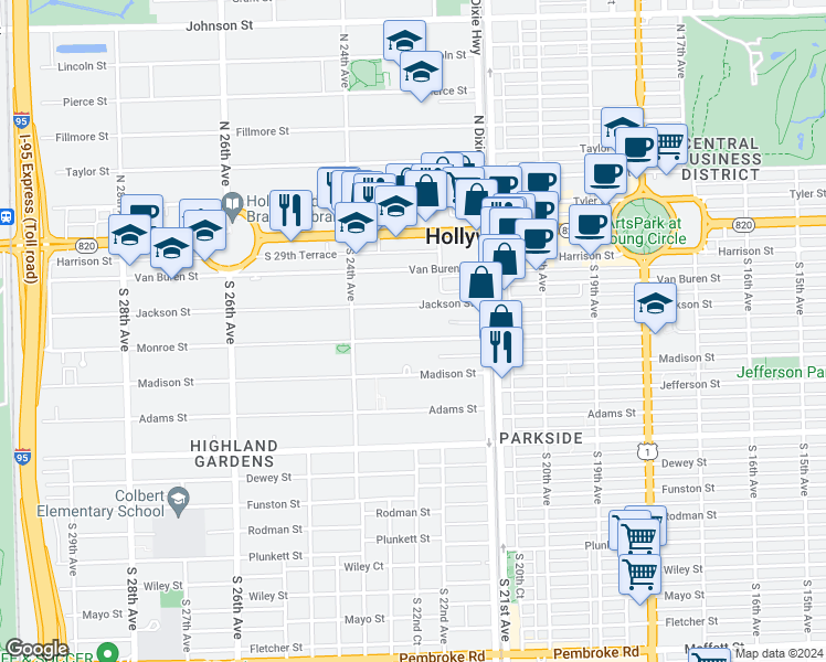 map of restaurants, bars, coffee shops, grocery stores, and more near 2236 Jackson Street in Hollywood