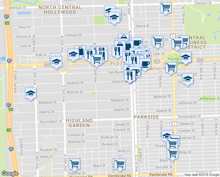 map of restaurants, bars, coffee shops, grocery stores, and more near 2236 Jackson Street in Hollywood