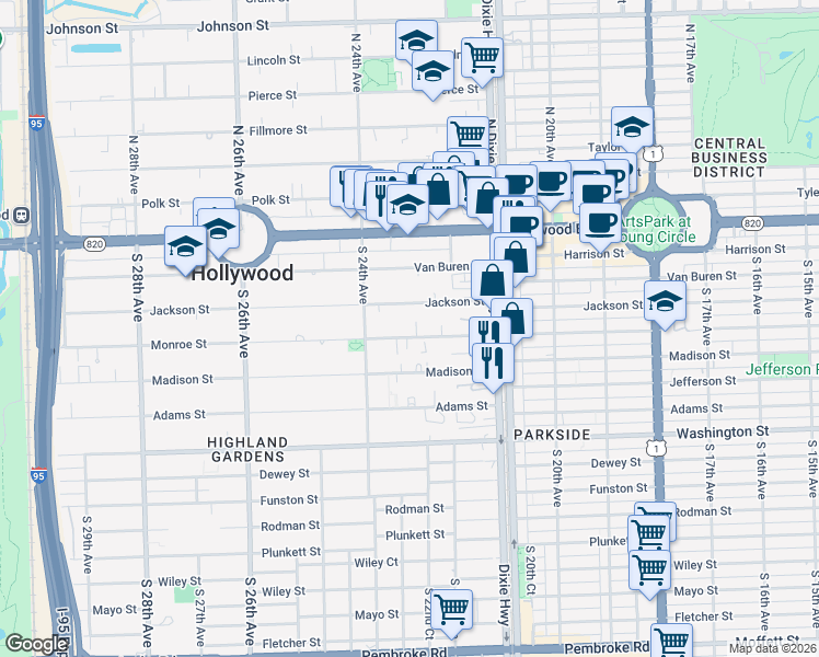 map of restaurants, bars, coffee shops, grocery stores, and more near 2236 Jackson Street in Hollywood