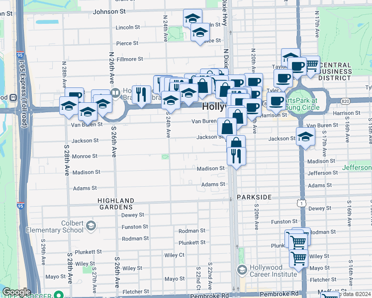 map of restaurants, bars, coffee shops, grocery stores, and more near 2236 Jackson Street in Hollywood