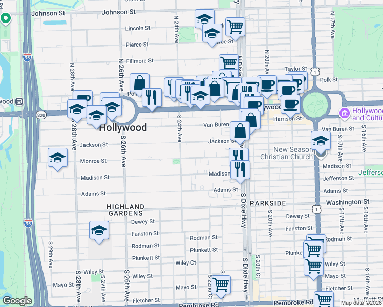 map of restaurants, bars, coffee shops, grocery stores, and more near 2328 Jackson Street in Hollywood
