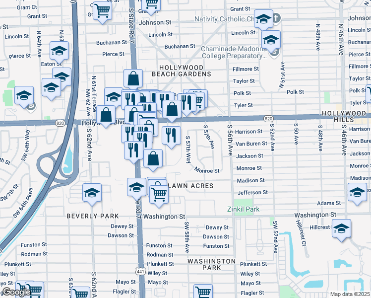 map of restaurants, bars, coffee shops, grocery stores, and more near 218 South 57th Way in Hollywood