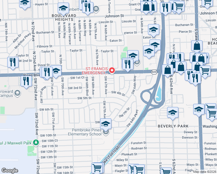 map of restaurants, bars, coffee shops, grocery stores, and more near 210 Southwest 67th Avenue in Pembroke Pines