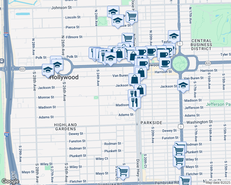 map of restaurants, bars, coffee shops, grocery stores, and more near 2236 Jackson Street in Hollywood