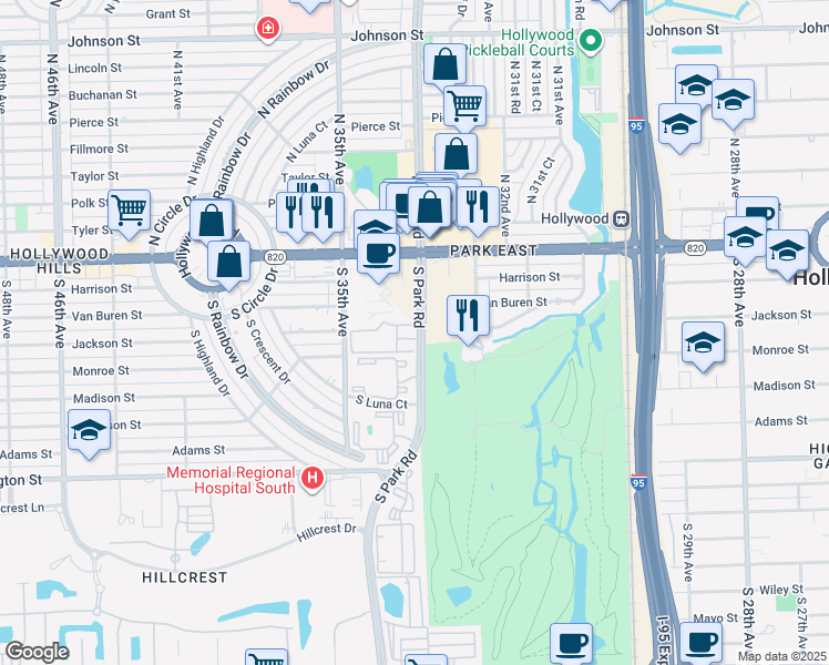 map of restaurants, bars, coffee shops, grocery stores, and more near 410 South Park Road in Hollywood