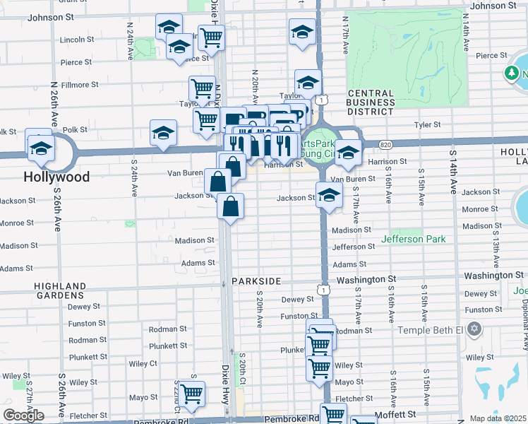 map of restaurants, bars, coffee shops, grocery stores, and more near 1949 Monroe Street in Hollywood