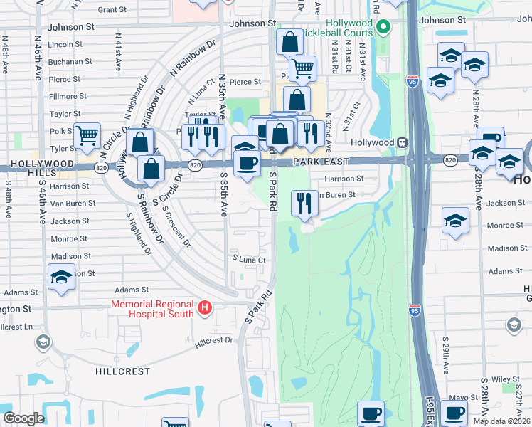 map of restaurants, bars, coffee shops, grocery stores, and more near 300 South Park Road in Hollywood
