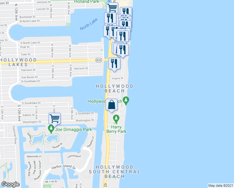 map of restaurants, bars, coffee shops, grocery stores, and more near in Hollywood