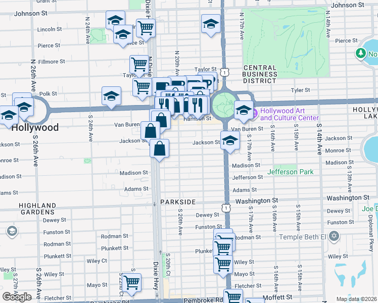 map of restaurants, bars, coffee shops, grocery stores, and more near 1990 Jackson Street in Hollywood