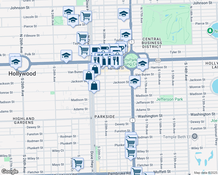 map of restaurants, bars, coffee shops, grocery stores, and more near 1990 Jackson Street in Hollywood