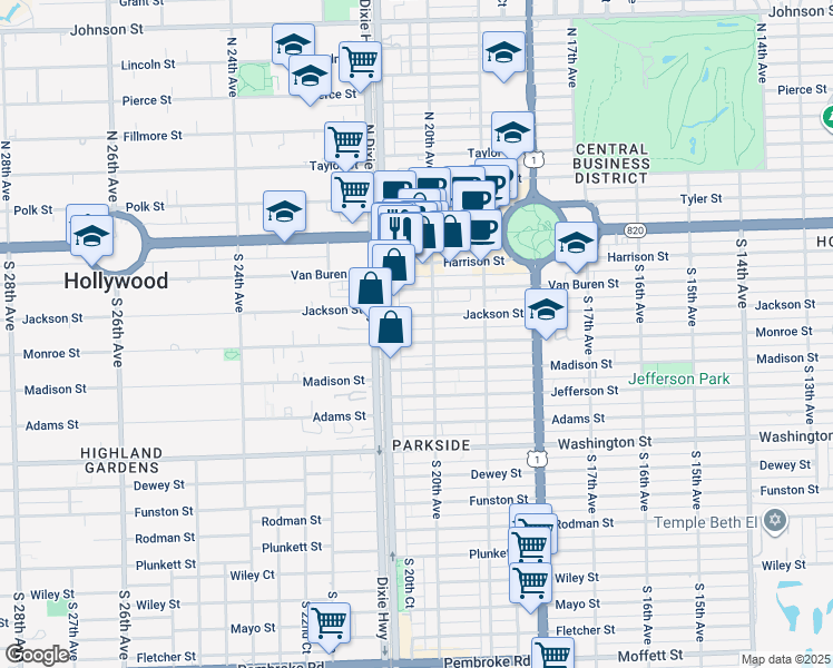 map of restaurants, bars, coffee shops, grocery stores, and more near 2030 Jackson Street in Hollywood