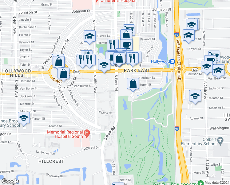 map of restaurants, bars, coffee shops, grocery stores, and more near 300 South Park Road in Hollywood