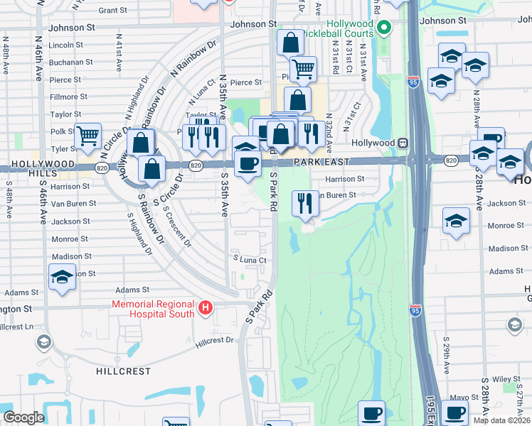 map of restaurants, bars, coffee shops, grocery stores, and more near 300 South Park Road in Hollywood