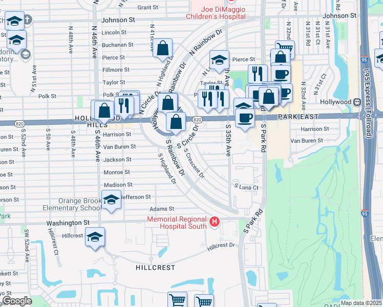 map of restaurants, bars, coffee shops, grocery stores, and more near 131 South Luna Court in Hollywood