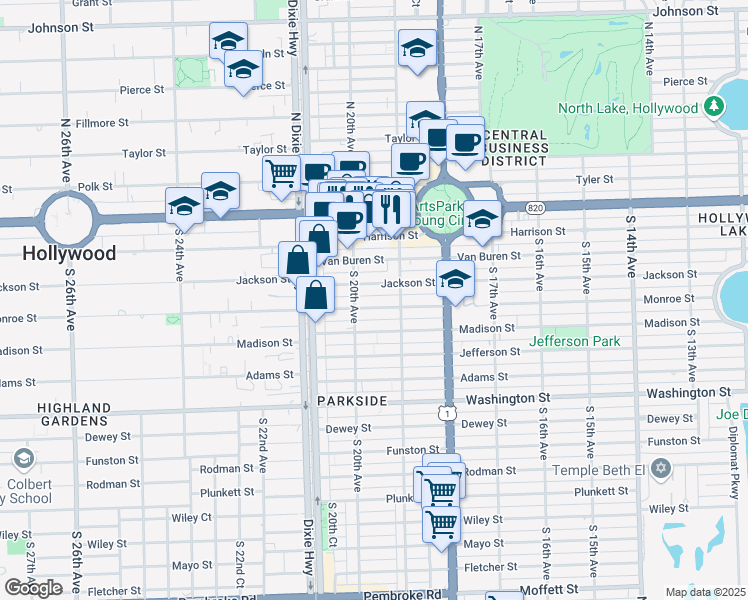 map of restaurants, bars, coffee shops, grocery stores, and more near 1990 Jackson Street in Hollywood