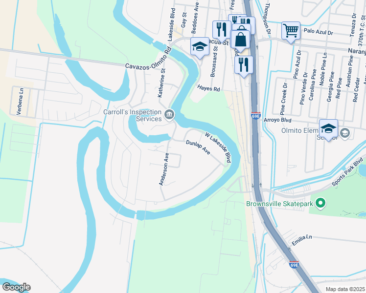 map of restaurants, bars, coffee shops, grocery stores, and more near 6202 Dunlap Avenue in Olmito