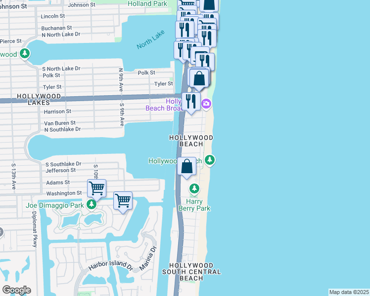 map of restaurants, bars, coffee shops, grocery stores, and more near 602 South Ocean Drive in Hollywood