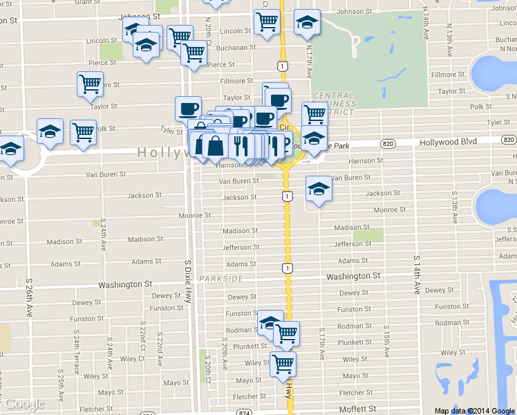 map of restaurants, bars, coffee shops, grocery stores, and more near 398 South 19th Avenue in Hollywood