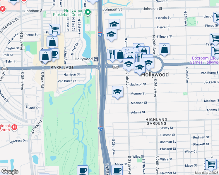 map of restaurants, bars, coffee shops, grocery stores, and more near 2915 Jackson Street in Hollywood