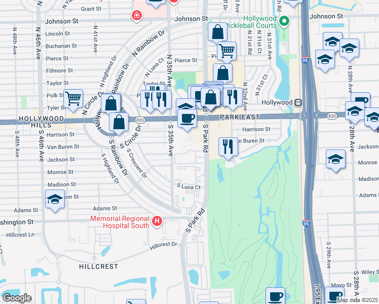 map of restaurants, bars, coffee shops, grocery stores, and more near 300 South Park Road in Hollywood