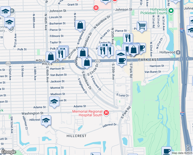 map of restaurants, bars, coffee shops, grocery stores, and more near 131 South Luna Court in Hollywood