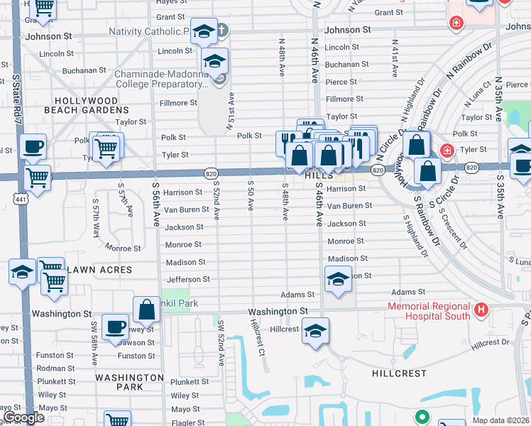 map of restaurants, bars, coffee shops, grocery stores, and more near 4921 Van Buren Street in Hollywood