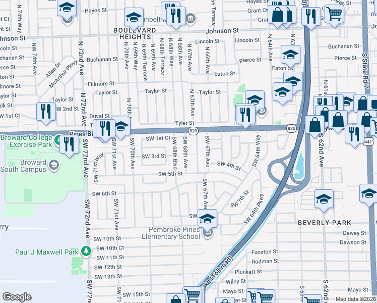map of restaurants, bars, coffee shops, grocery stores, and more near 207 Southwest 68th Avenue in Pembroke Pines