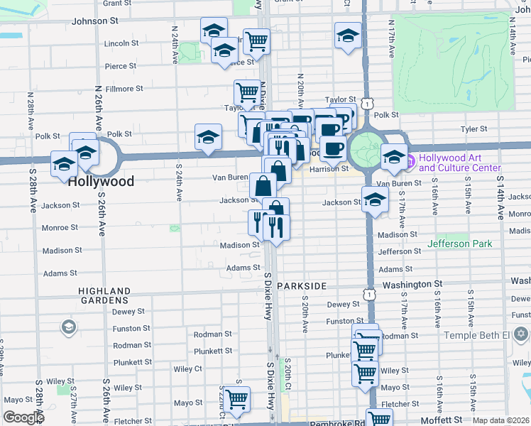 map of restaurants, bars, coffee shops, grocery stores, and more near 400 South Dixie Highway in Hollywood