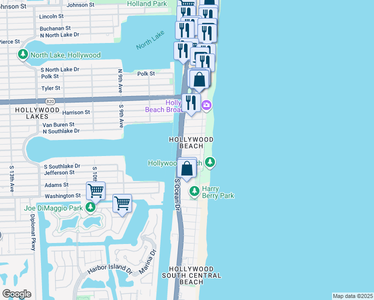 map of restaurants, bars, coffee shops, grocery stores, and more near 707 South Ocean Drive in Hollywood