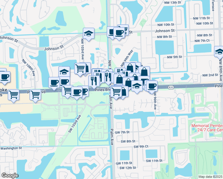 map of restaurants, bars, coffee shops, grocery stores, and more near Pines Blvd & N Palm Ave in Pembroke Pines