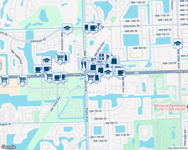 map of restaurants, bars, coffee shops, grocery stores, and more near 10016 Pines Boulevard in Pembroke Pines