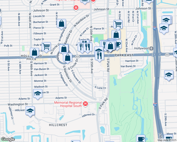 map of restaurants, bars, coffee shops, grocery stores, and more near 3600 Van Buren Street in Hollywood