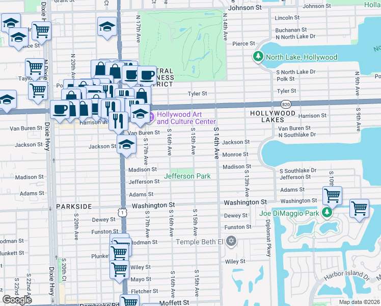 map of restaurants, bars, coffee shops, grocery stores, and more near 1512 Jackson Street in Hollywood