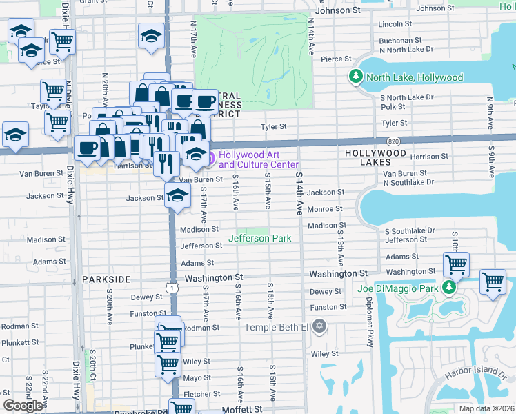 map of restaurants, bars, coffee shops, grocery stores, and more near 1512 Jackson Street in Hollywood