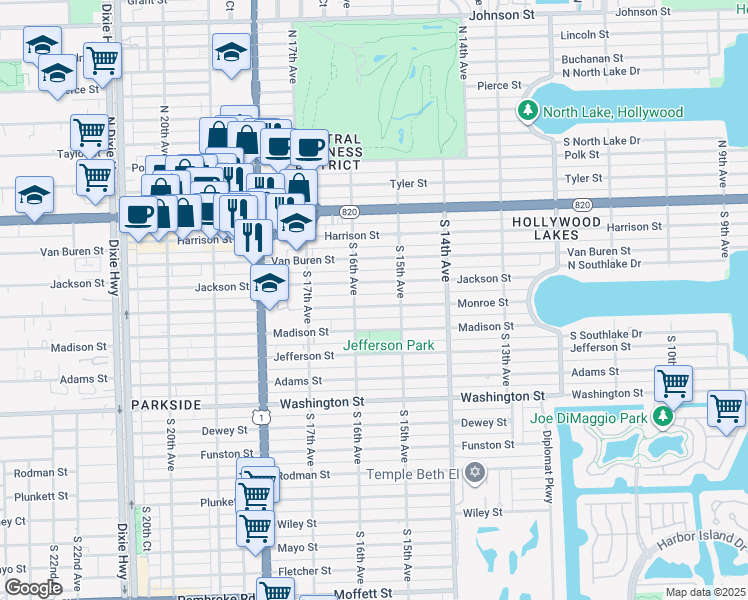 map of restaurants, bars, coffee shops, grocery stores, and more near 1512 Jackson Street in Hollywood