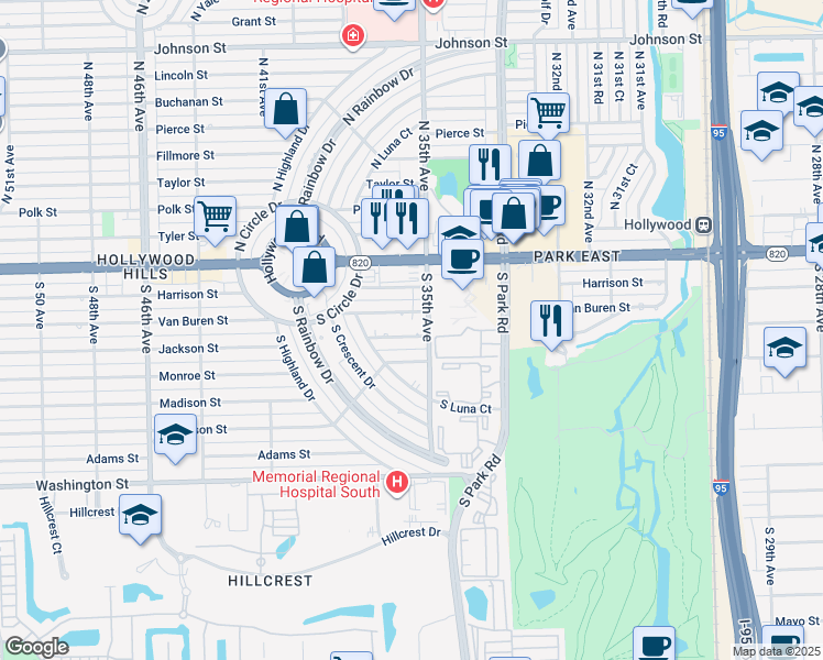 map of restaurants, bars, coffee shops, grocery stores, and more near 3600 Van Buren Street in Hollywood