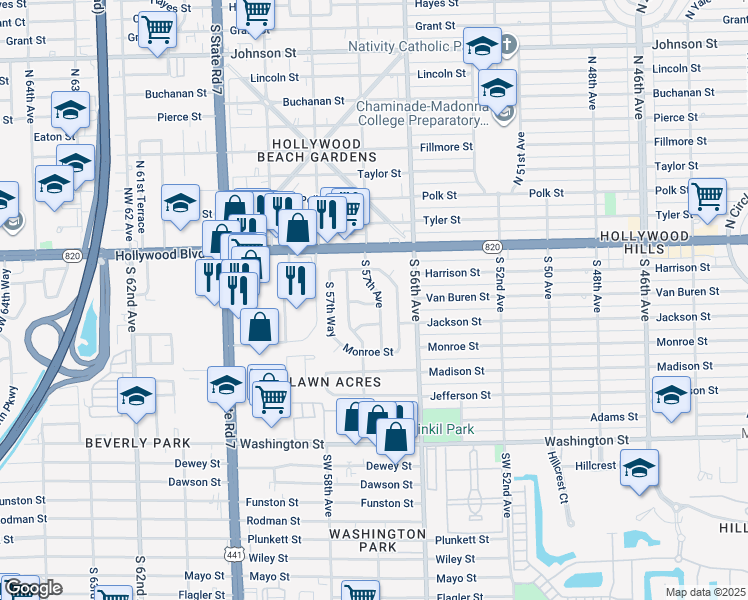 map of restaurants, bars, coffee shops, grocery stores, and more near 222 South 56th Terrace in Hollywood