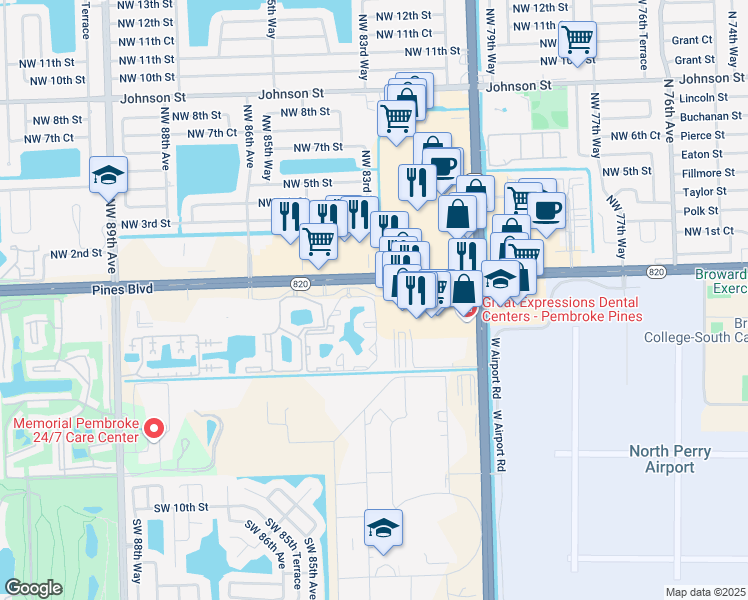 map of restaurants, bars, coffee shops, grocery stores, and more near 8320 Southwest 1st Street in Pembroke Pines