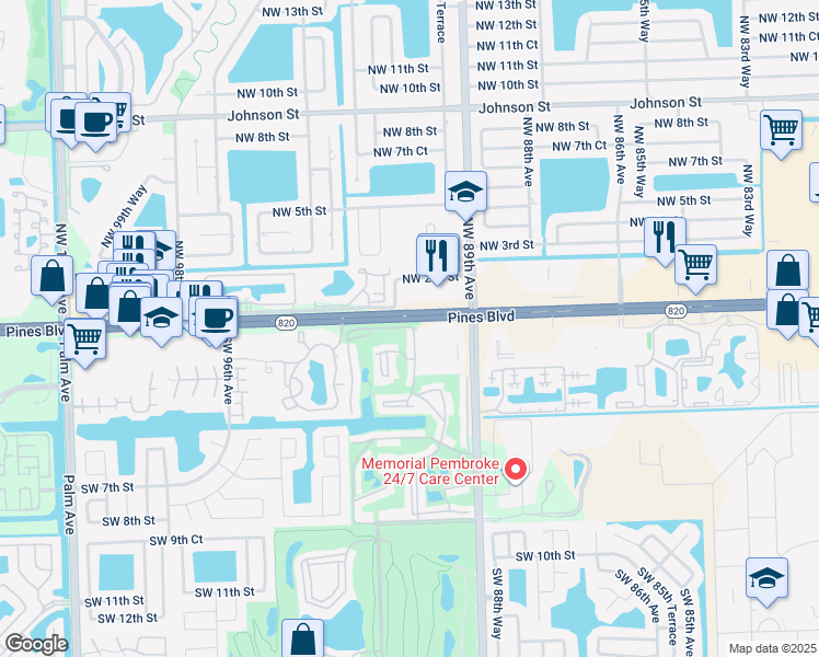 map of restaurants, bars, coffee shops, grocery stores, and more near 9084 Pines Boulevard in Pembroke Pines