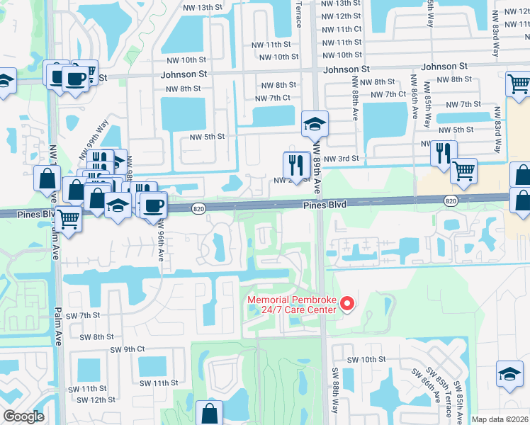 map of restaurants, bars, coffee shops, grocery stores, and more near 9084 Pines Boulevard in Pembroke Pines