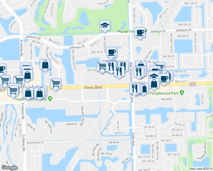 map of restaurants, bars, coffee shops, grocery stores, and more near 10251 Pines Blvd in Pembroke Pines