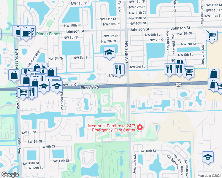 map of restaurants, bars, coffee shops, grocery stores, and more near 150 South Hollybrook Terrace in Pembroke Pines