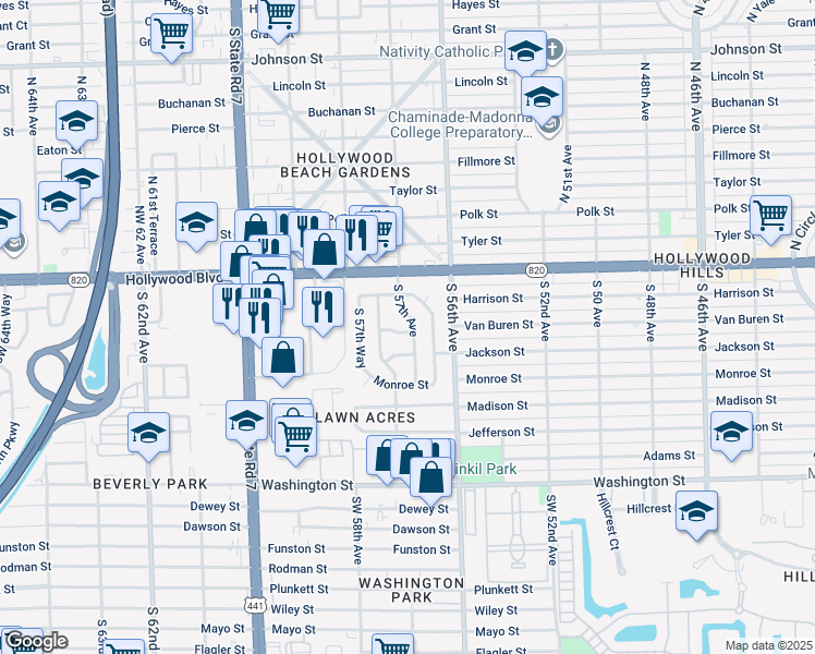 map of restaurants, bars, coffee shops, grocery stores, and more near 222 South 56th Terrace in Hollywood