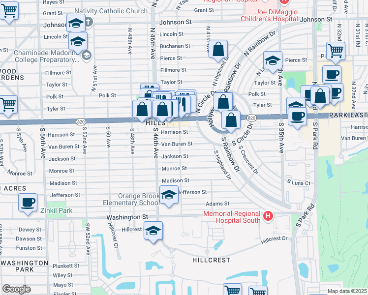 map of restaurants, bars, coffee shops, grocery stores, and more near 4320 Van Buren Street in Hollywood