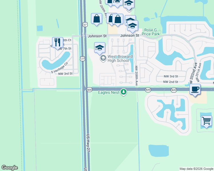 map of restaurants, bars, coffee shops, grocery stores, and more near 20950 Northwest 1st Court in Pembroke Pines