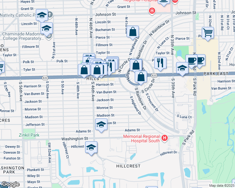 map of restaurants, bars, coffee shops, grocery stores, and more near 4200 Van Buren Street in Hollywood