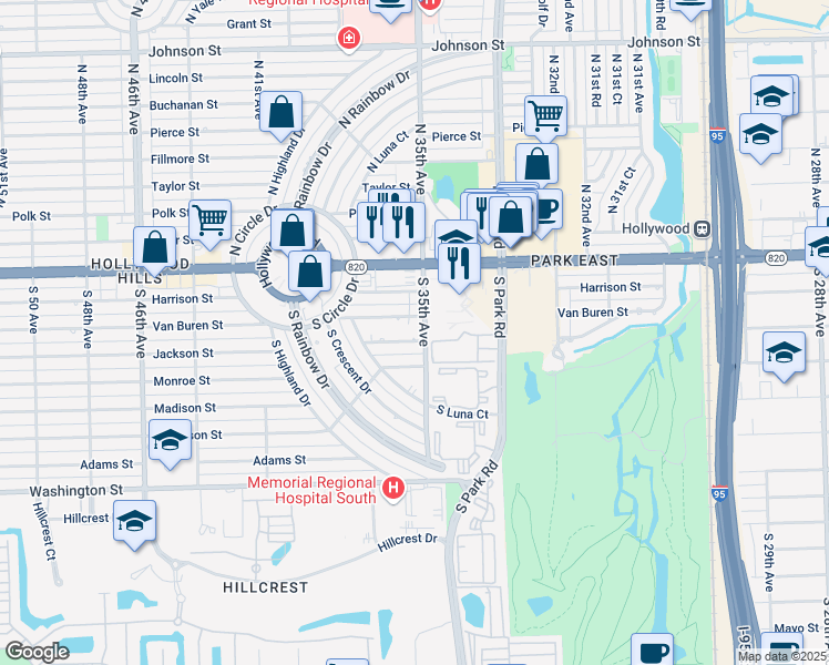 map of restaurants, bars, coffee shops, grocery stores, and more near 3600 Van Buren Street in Hollywood