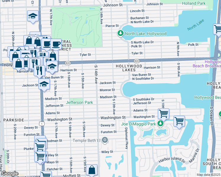map of restaurants, bars, coffee shops, grocery stores, and more near 1311 Monroe Street in Hollywood