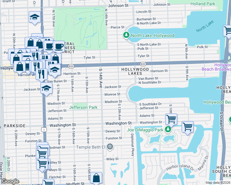 map of restaurants, bars, coffee shops, grocery stores, and more near 1311 Monroe Street in Hollywood